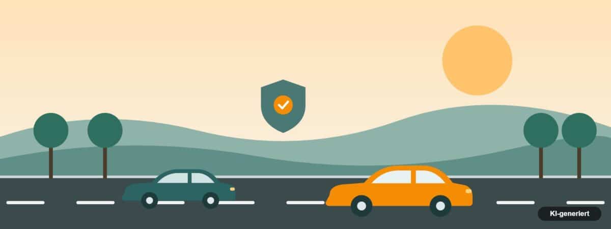 Illustration: Autos auf einer Landstraße mit Schutzschild – Kfz-Versicherung wechseln