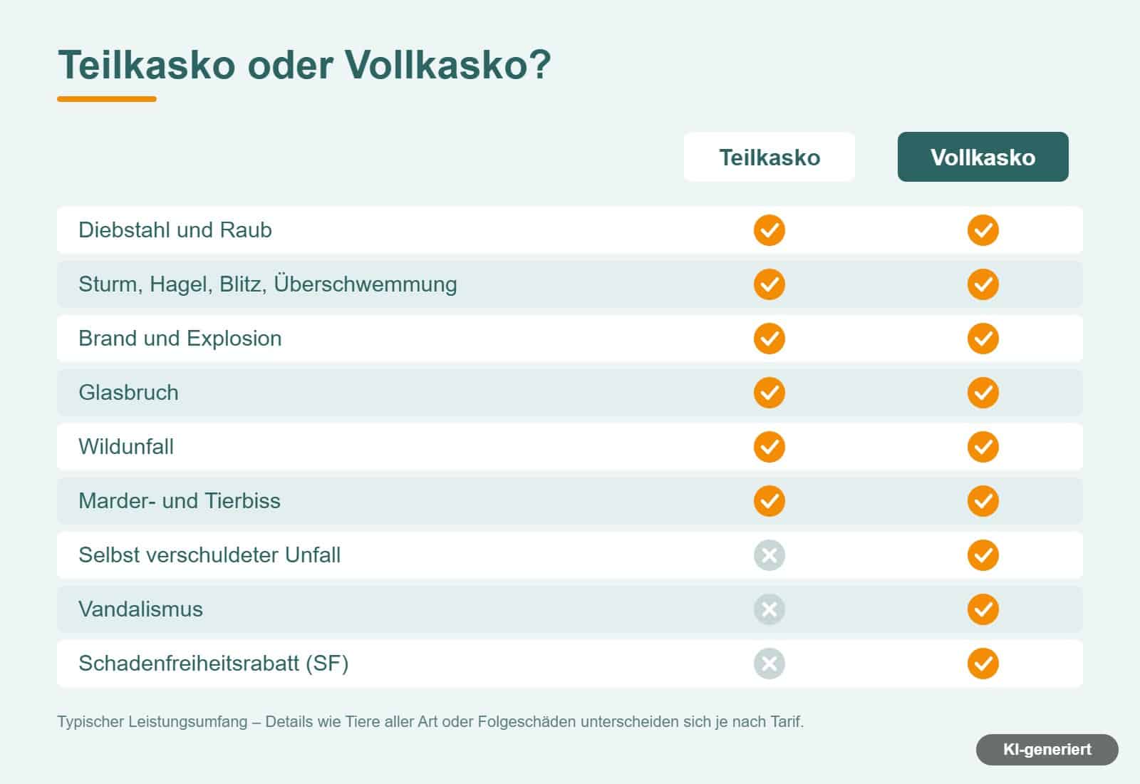 Vergleichstabelle: Leistungen von Teilkasko und Vollkasko